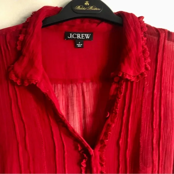 J.Crew Sheer lace-trim button-up Vibrant Red Cap Sleeves Blouse Women’s Size 6 - Picture 4 of 12